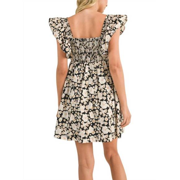 NEW &MERCI floral flutter sleeve mini dress in black/white - Picture 2 of 3
